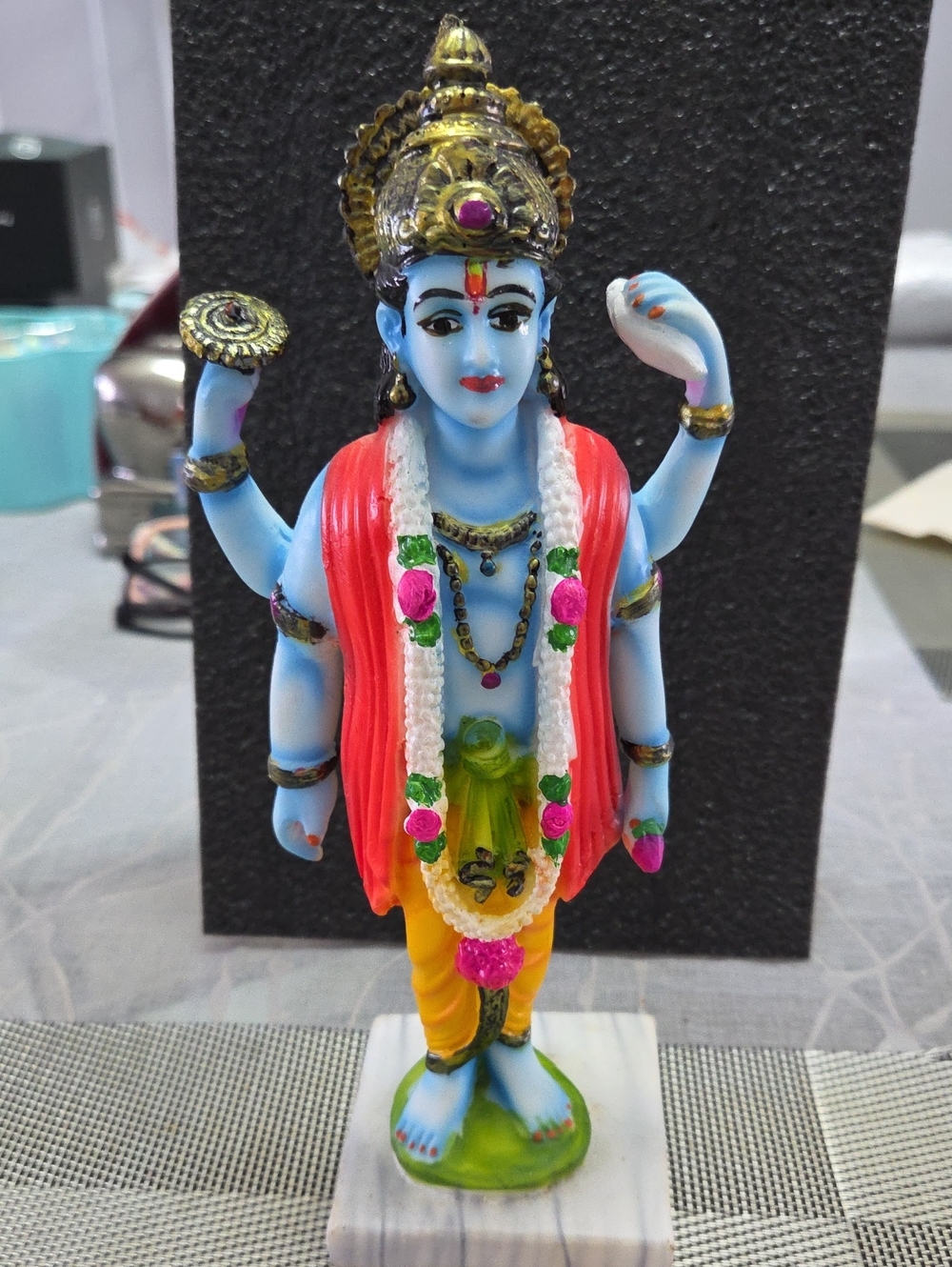 Blue Hindu Deity Figurine with Red Shawl and Yellow Lower Garment